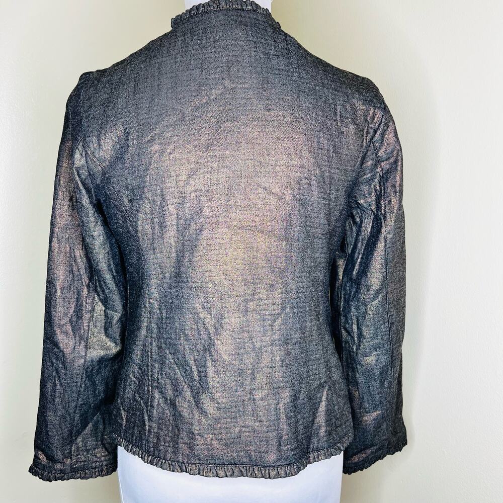 Chico's Jacket Small Beaded Studded Ruffle Chambray Embellished Metallic Gold - Picture 3 of 8